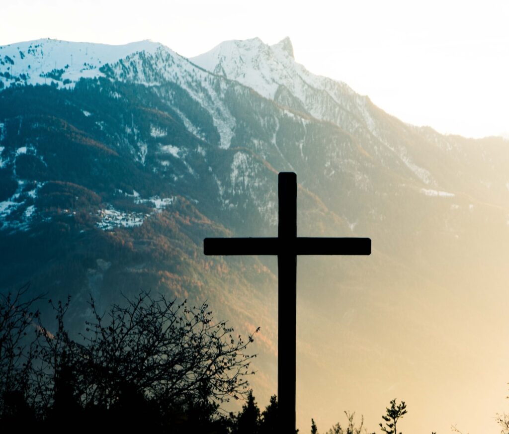 brown cross on brown tree near snow covered mountain during daytime